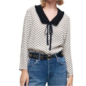 MAJE Castel Bow Print Crepe Shirt, Small, Cream with Black, French *Flaw Noted